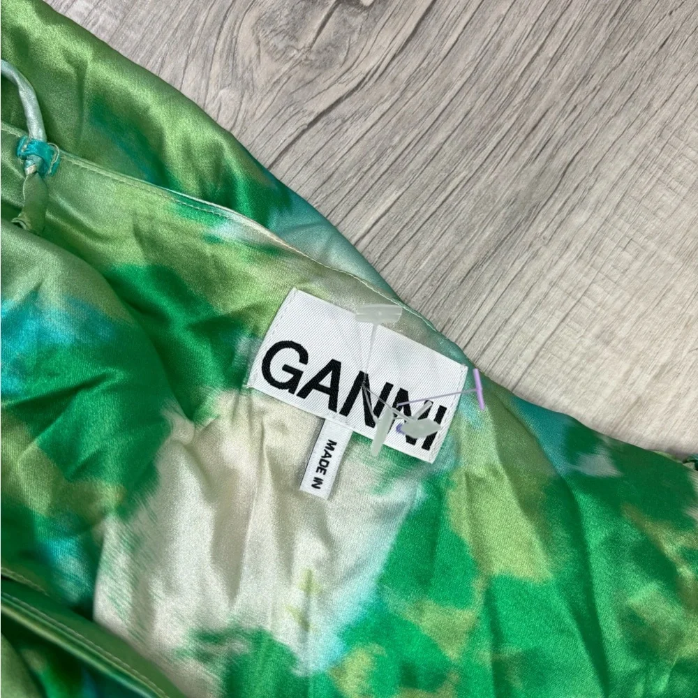 GANNI Silk Stretch Satin Ruched Mini Dress Lily Green Size 44 or US Large - Picture 6 of 16